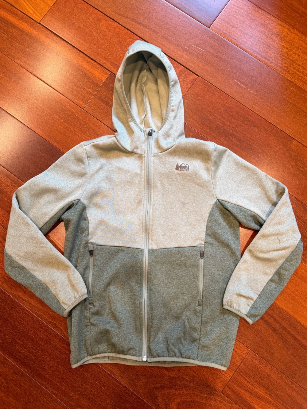 Kids REI Two-Tone Hooded Fleece Jacket in Light Gray & Olive Green